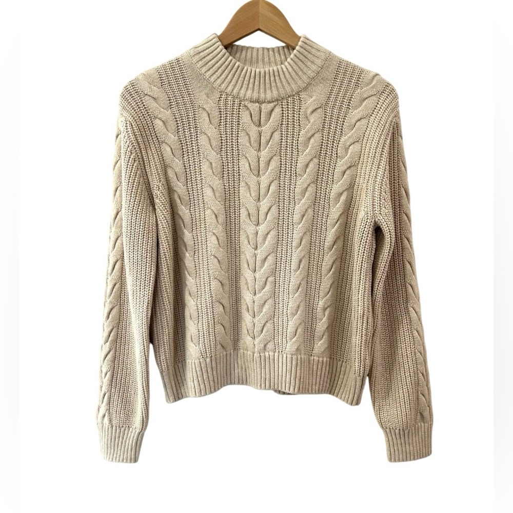 Pact women’s Cable Knit Crew Sweater M sandshell cream chunky cotton NWOT